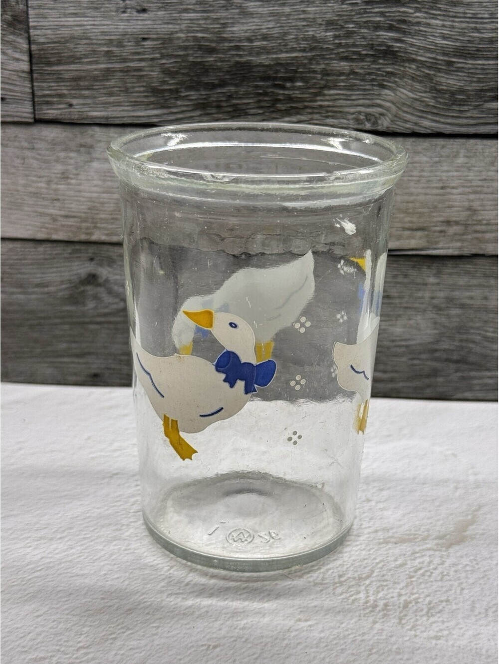 Vintage Bama Jelly Jar Glass Country Goose Ducks Blue Ribbon Bow 4"